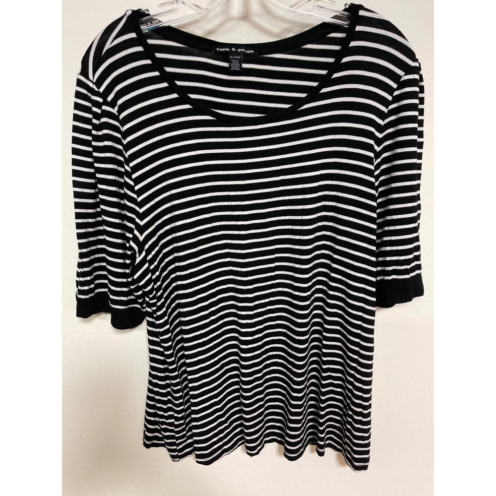 Cable & Gauge Black White Striped Scoop Neck Elbow Sleeve Knit Top XL